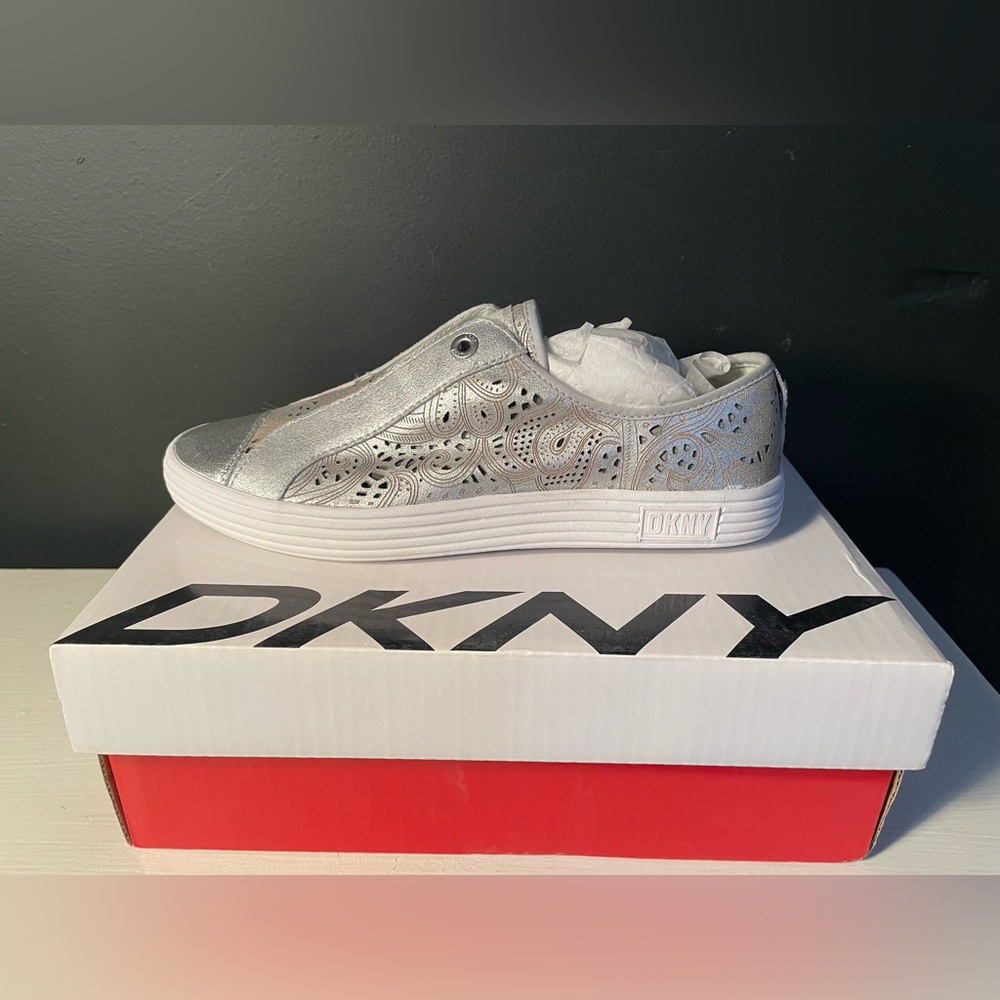 DKNY Metallic Silver Nappa Laser Cut Sneakers 9 New In Box